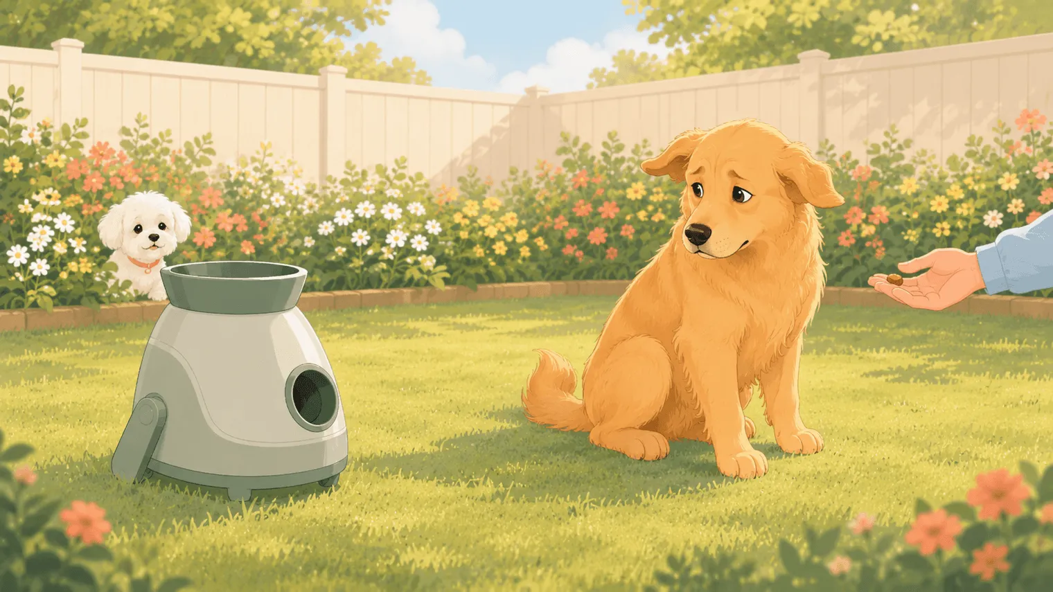 Illustration: first session — a medium-size golden dog sits a cautious distance from the new launcher, ears back, eyeing it warily, while a hand offers a treat to coax it closer and the little white Maltese peeks from behind