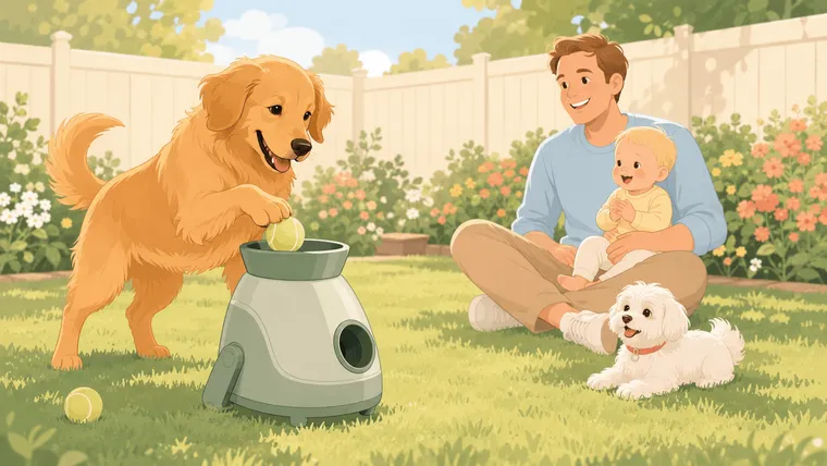 Editorial illustration of a friendly medium-size golden dog dropping a tennis ball into an automatic ball launcher in a sunny fenced backyard, while a parent sits well back on the grass holding the baby and a small white Maltese watches beside them