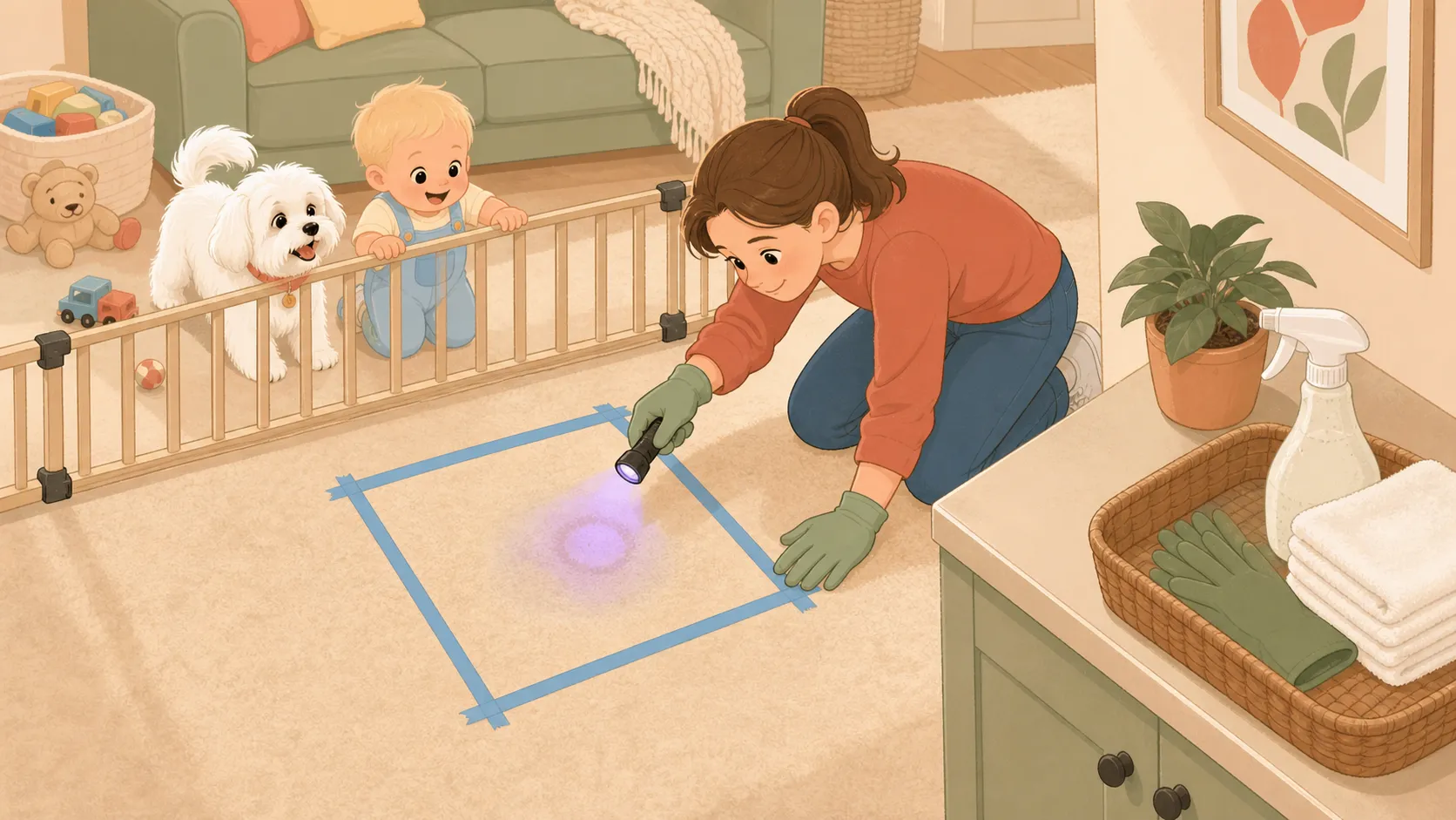 Illustration: overhead view of a parent outlining a hidden carpet spot with removable tape under a UV flashlight while cleaning supplies stay on a high counter and the baby area is gated off