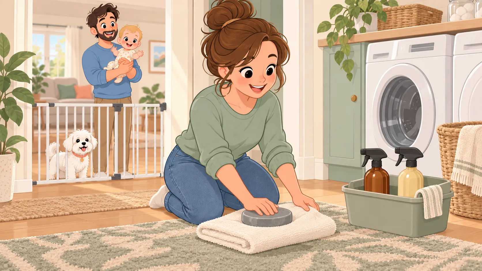 A parent places a weighted towel over a deep rug spot while the dog and baby stay behind a closed gate