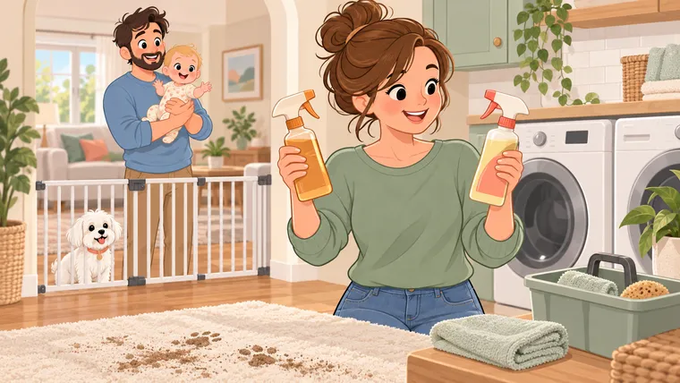 Illustration of a parent comparing two unlabeled enzyme-cleaner bottles while the baby and Maltese stay behind a gate