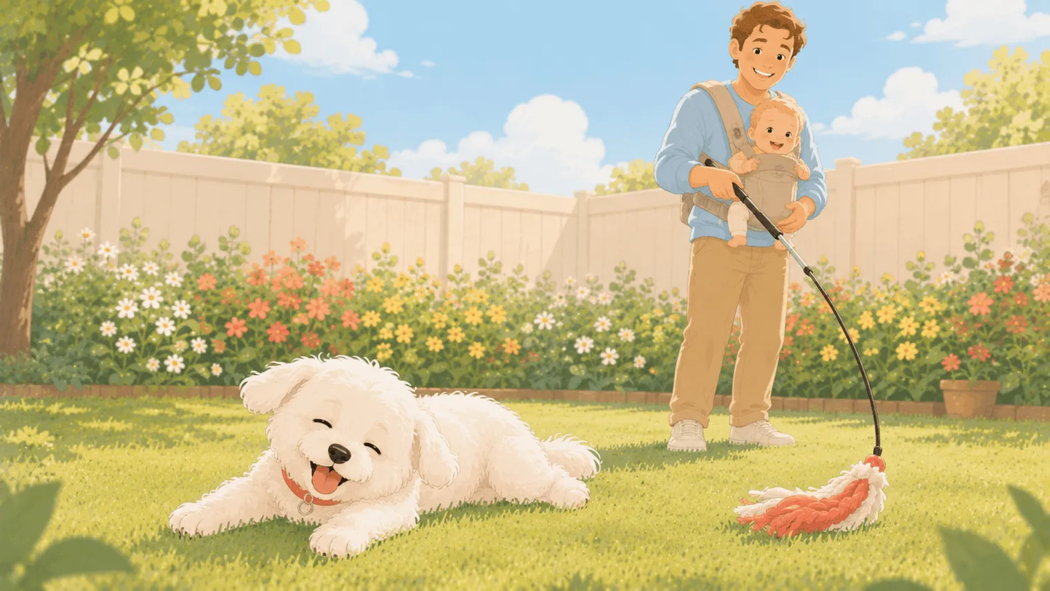 Illustration: after a good session the small white Maltese lies happily flopped and panting on the sunny grass, tired out, while the parent with the baby in a chest carrier smiles and gathers up the flirt pole