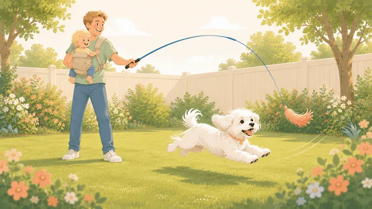 Editorial illustration of a parent standing in one spot swinging a flirt pole with a baby in a carrier, while a white Maltese sprints and leaps for the fleece lure across a sunny backyard