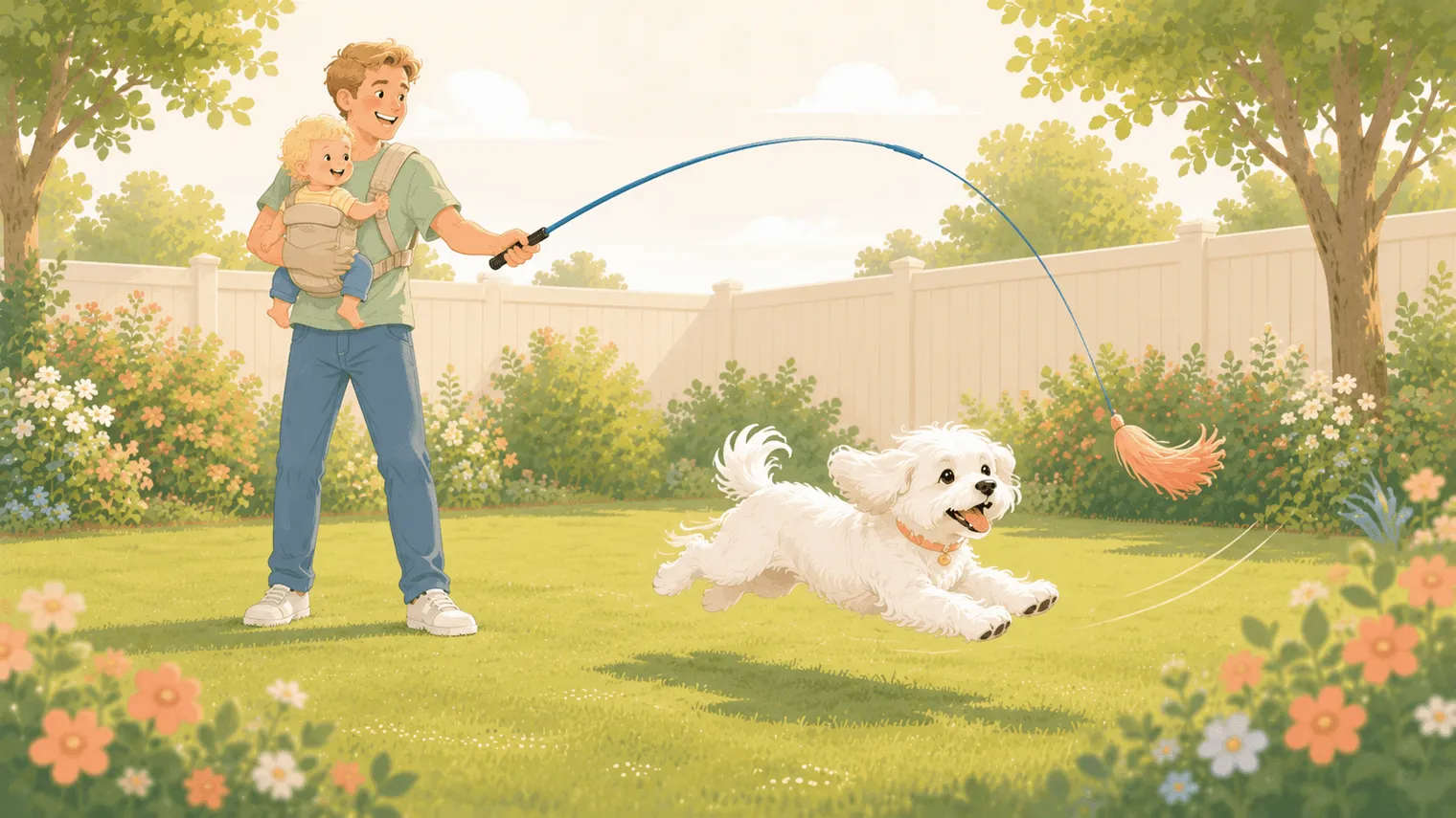 Editorial illustration of a parent standing in one spot swinging a flirt pole with a baby in a carrier, while a white Maltese sprints and leaps for the fleece lure across a sunny backyard