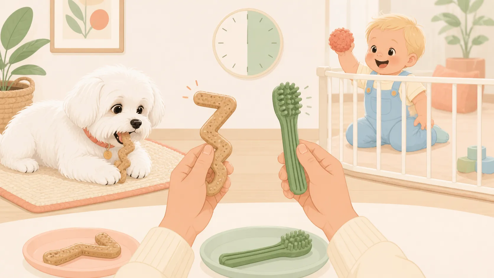 Illustration comparing the two chew shapes while the dog chews on a washable mat and the baby remains behind a gate