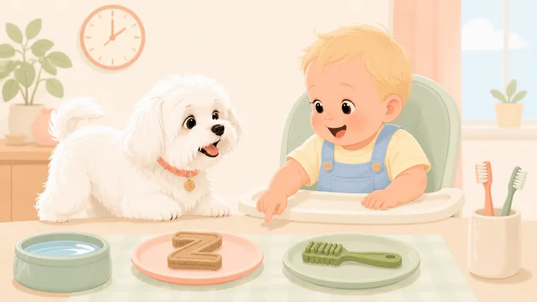 Warm illustration of a parent comparing generic tan Z-shaped and green toothbrush-shaped plant-based dental chews beside a Maltese and baby