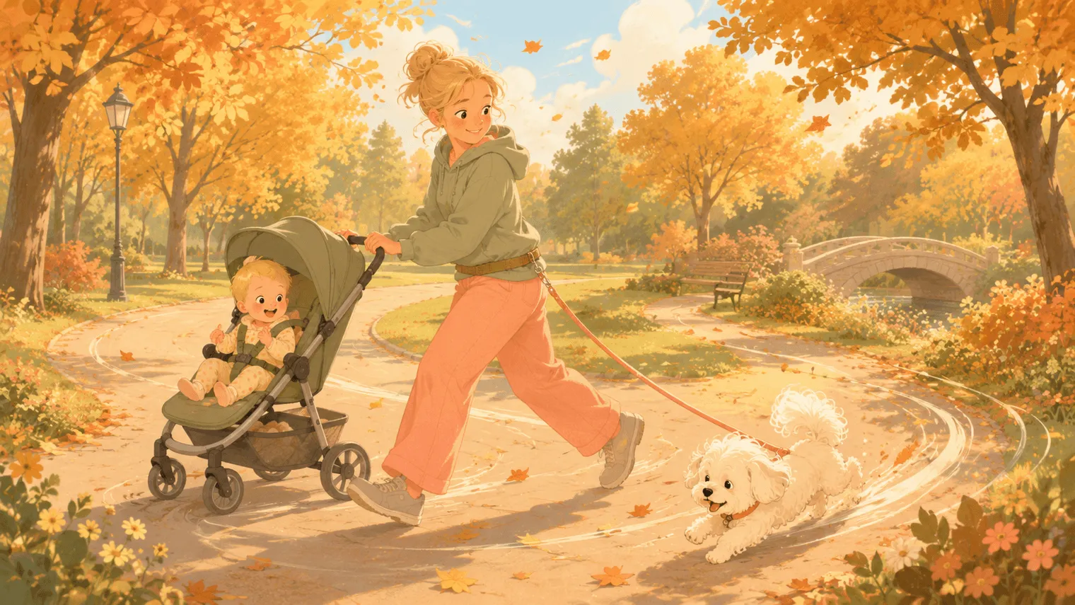 Illustration: the mid-turn choreography — dog arcing smoothly around the outside of the stroller's curve