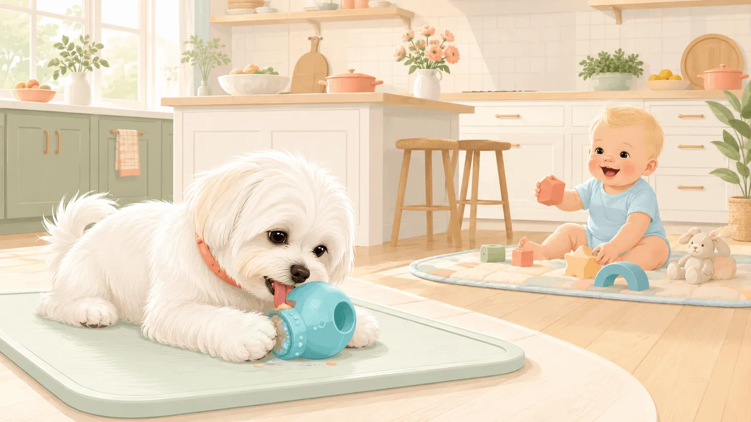 Illustration: a happy blonde baby in a play area a safe distance away while the small white Maltese lies on a wipeable mat licking the frozen aqua blue toy, a closed nursery-style door and a calm sunny kitchen in the background