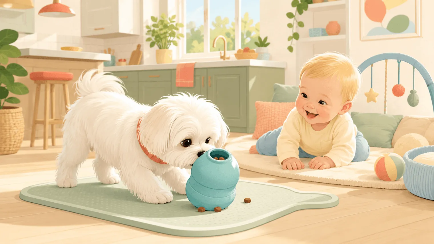 Editorial illustration of a small fluffy white Maltese in a coral collar happily nosing an aqua blue open-bowl treat toy on a wipeable mat, while a blonde baby watches from a nearby play area in a sunny kitchen