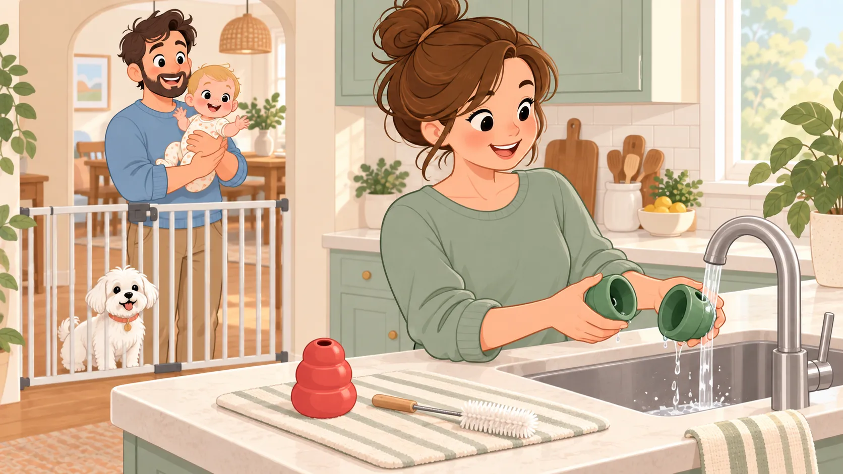 A parent rinses both halves of the green toy while the red hollow toy and bottle brush dry nearby