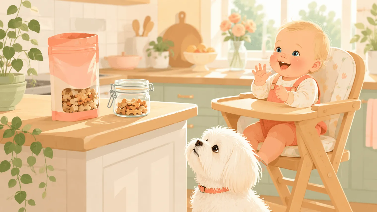 Illustration: an open resealable treat pouch on a kitchen counter beside a small airtight jar, with the white Maltese looking up hopefully and the baby babbling in a high chair in the warm, sunlit background