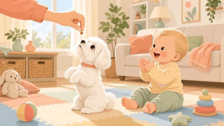 Editorial illustration of a small fluffy white Maltese with a coral collar sitting attentively for a tiny treat held by a parent, while a happy blonde baby watches from a play mat on the floor